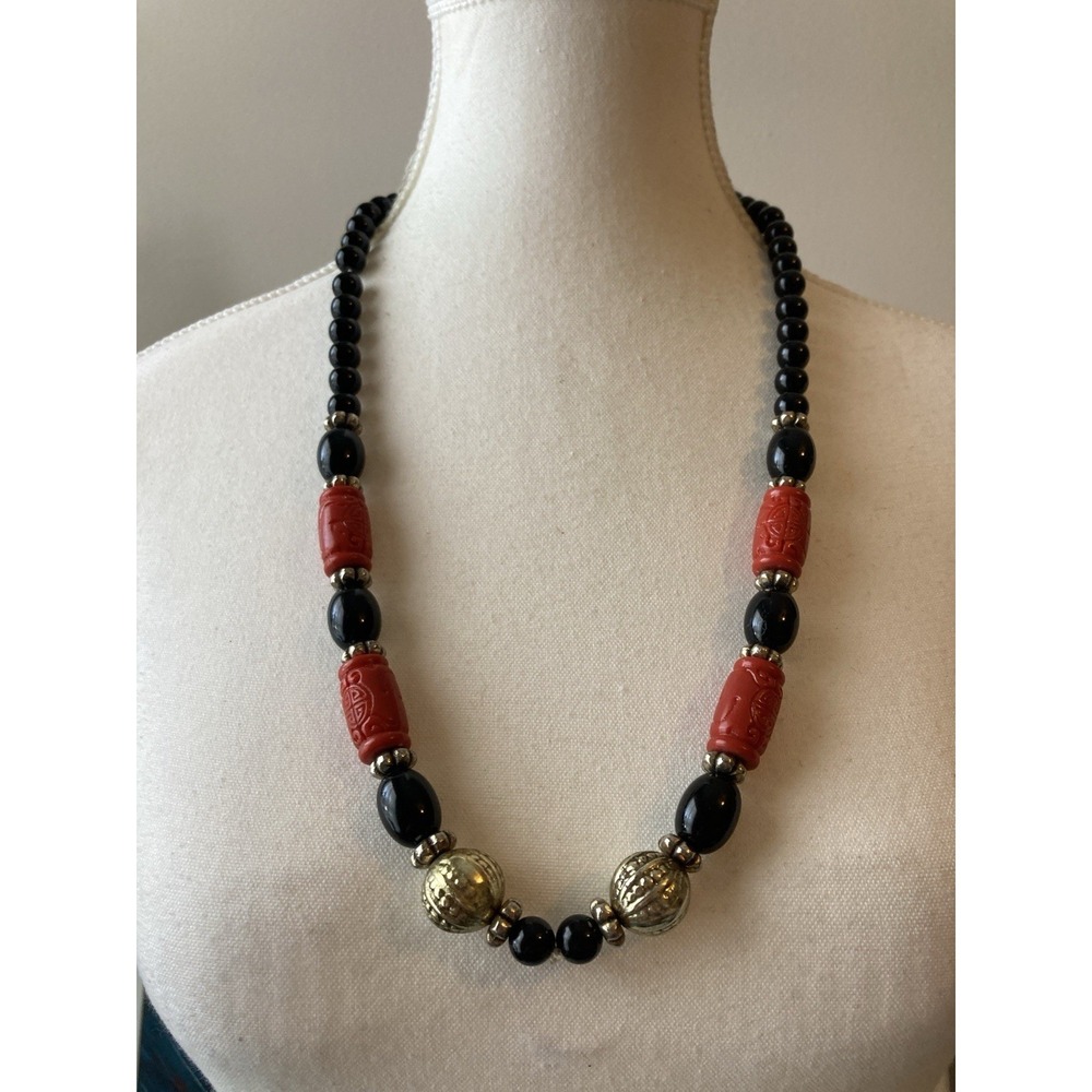 Vintage Black Red Carved Bead Necklace Gold Tone Accents Statement Tribal Ethnic